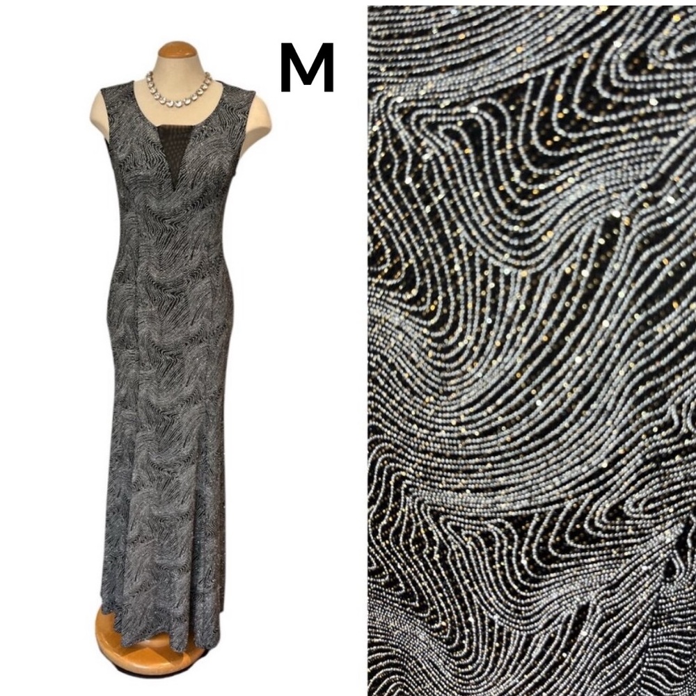 OLIVIA MATTHEWS Long Gown Size Medium Glittery Fabric Bodycon Plunge Flare Hem